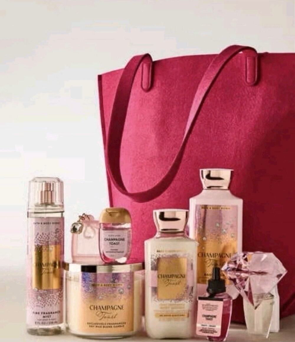 BATH  AND  BODY  WORKS  CHAMPAGNE TOAST TOTE BAG 9-PC GIFT BOX RARE NEW!